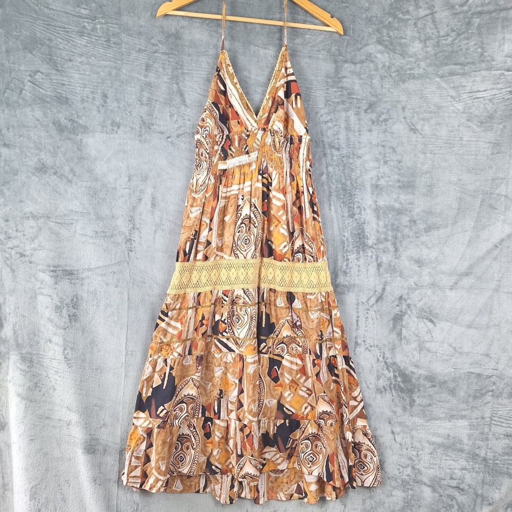 Womens Dress Medium Y2K Halter Tiered Boho Crochet Hippie Festival Babydoll